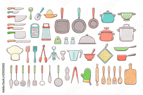 Big set of 52 cute hand drawn kitchen supplies, including different types of cooking knives, pots and pans, strainers, graters, skimmers, ladles, and more kitchen tools. Colorful outline collection.