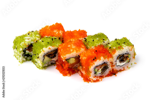 Set of nori rice sushi rolls with avocado and caviar isolated on white background