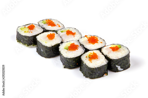 Set of nori rice sushi rolls with avocado and caviar isolated on white background