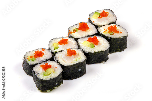 Set of nori rice sushi rolls with avocado and caviar isolated on white background