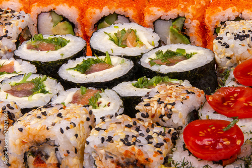 Set of different sushi rolls closeup background