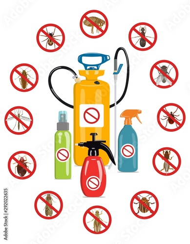 Multi-colored bottle sprayers against harmful insects. Vector illustration.