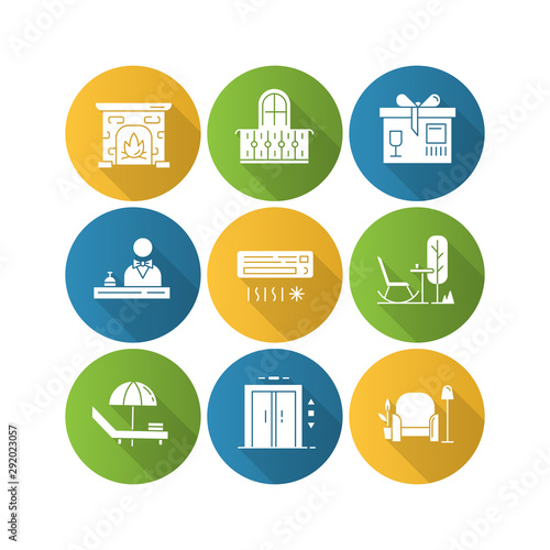 Apartment amenities flat design long shadow glyph icons set. Reception, elevator lift, package service. Balcony, fireplace. Outdoor furnishing, beach furniture, lounge. Vector silhouette illustration