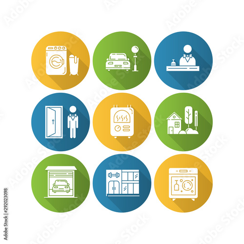 Apartment amenities flat design long shadow glyph icons set. Laundry, dishwasher, central heater. Reception, doorman. Car parking garage, gym, small house. Vector silhouette illustration