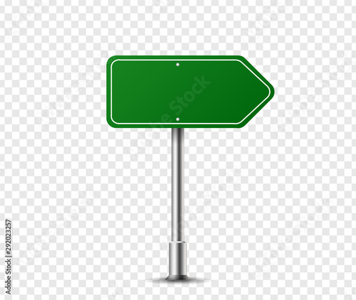 Realistic arrow traffic sign on metal steel pole isolated. Green road panel mockup - direction highway, board text, city location, street arrow, stop, danger, warning signage. Vector illustration