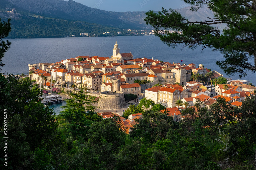 View on picturesque and historic Korcula old town and clear Adriatic see, Korcula Island, Dalmatia, Croatia