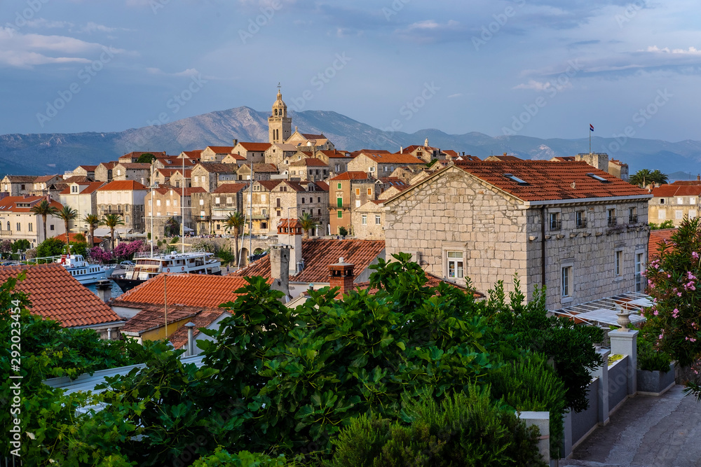 View on picturesque and historic Korcula old town with blue sky, Korcula Island, Dalmatia, Croatia