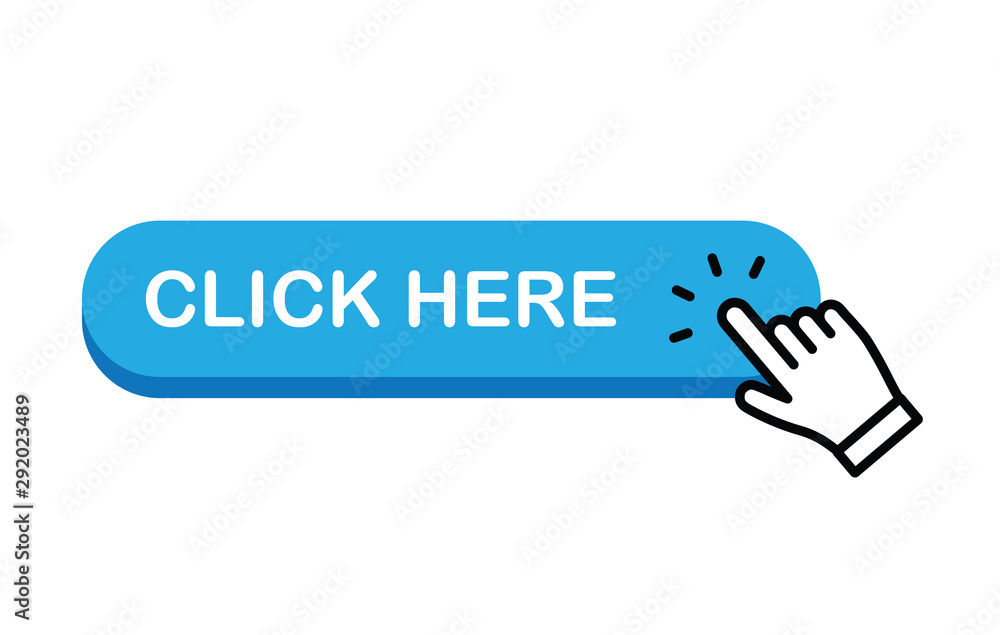 Click here button with hand clicking icon. Click here button with hand clicking icon.