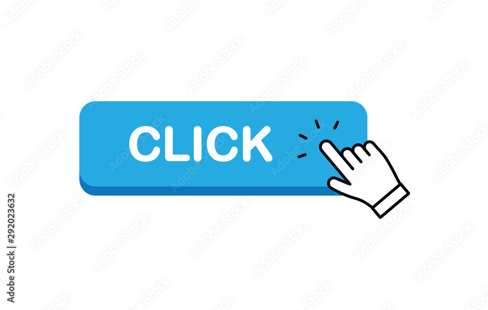 Click here button with hand clicking icon. Click here button with hand clicking icon.