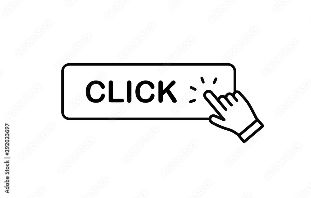 Click here button with hand clicking icon. Click here button with hand clicking icon.