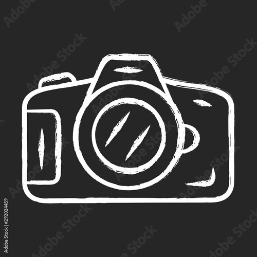 Photo camera chalk icon. Professional photocamera. Making snapshots, taking pictures device. Photographing equipment. Photographer, reporter tool. Isolated vector chalkboard illustration