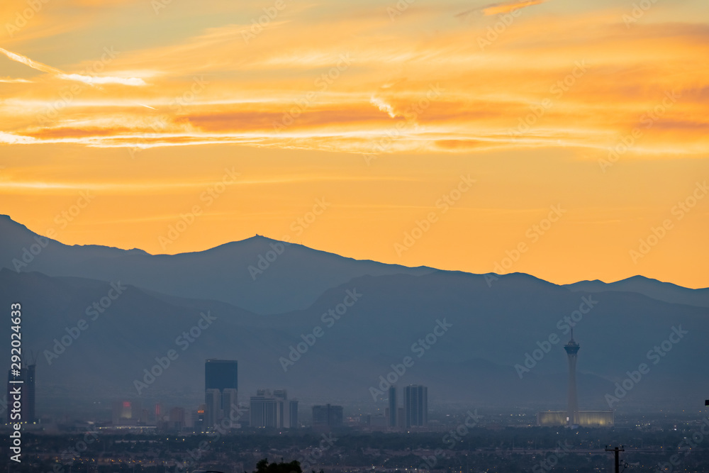 Aerial sunset high angle view of the downtown Las Vegas Strip