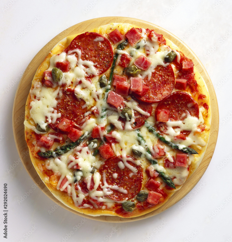 Ταπετσαρία Asparagus and Pepperoni Pizza on wooden board against white