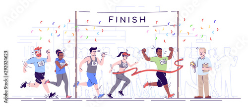 Marathon finish flat vector illustration. City footrace. Runners in final of competition. Endurance contest. Joggers cross finish line isolated cartoon character on white background photo