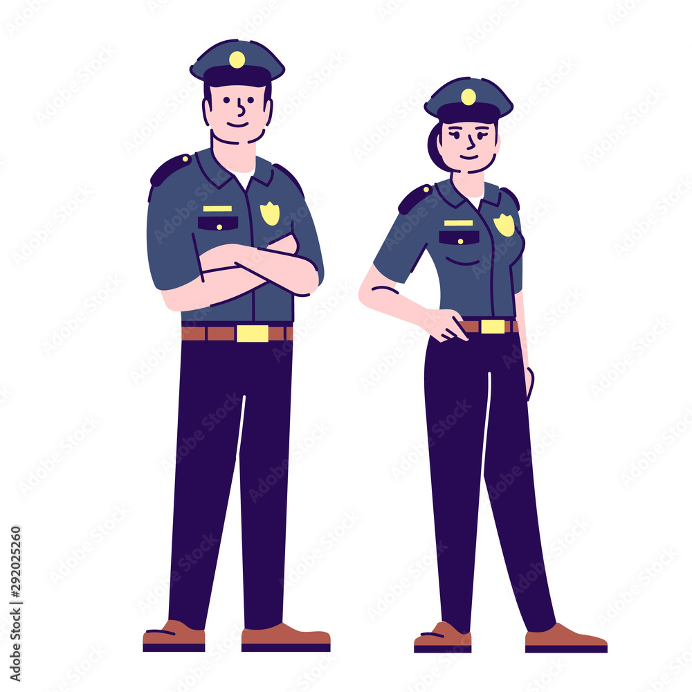 Policeman and policewoman flat vector characters. Police officers, cop in uniform cartoon illustration with outline. Sheriffs, inspectors. Security guard, police patrol workers isolated on white Policeman and policewoman flat vector characters. Police officers, cop in uniform cartoon illustration with outline. Sheriffs, inspectors. Security guard, police patrol workers isolated on white
