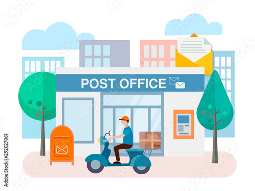Post office building with mailbox outside and ATM on the wall of the building and delivery worker on motorcycle.