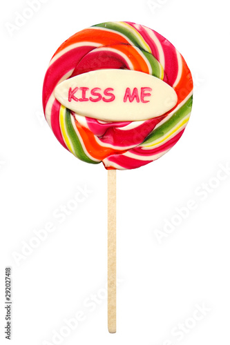 lollipop with the words "kiss me" isolated on a white background.
