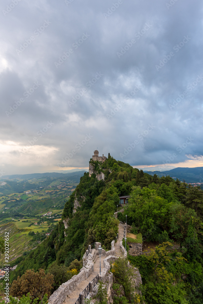 View of the Cesta or Second Tower of San Marino, It was constructed in the 13th century on the remains of an older Roman fort, located on the highest of Monte Titano's summits.