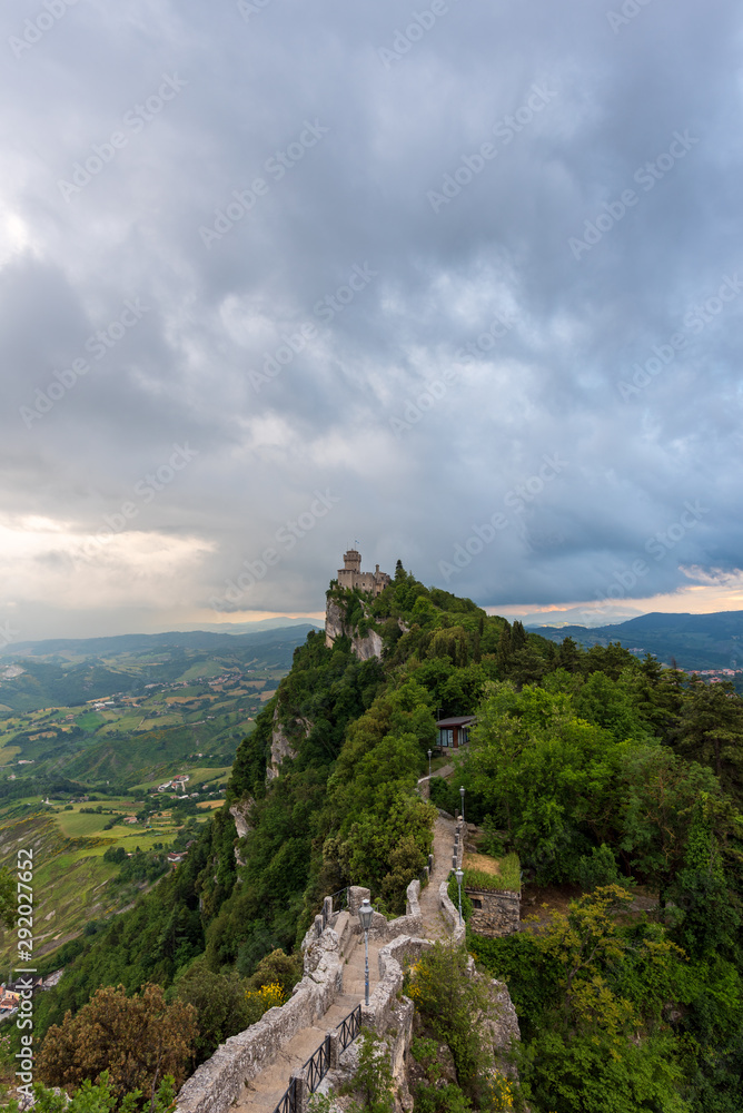 Naklejka premium View of the Cesta or Second Tower of San Marino, It was constructed in the 13th century on the remains of an older Roman fort, located on the highest of Monte Titano's summits.