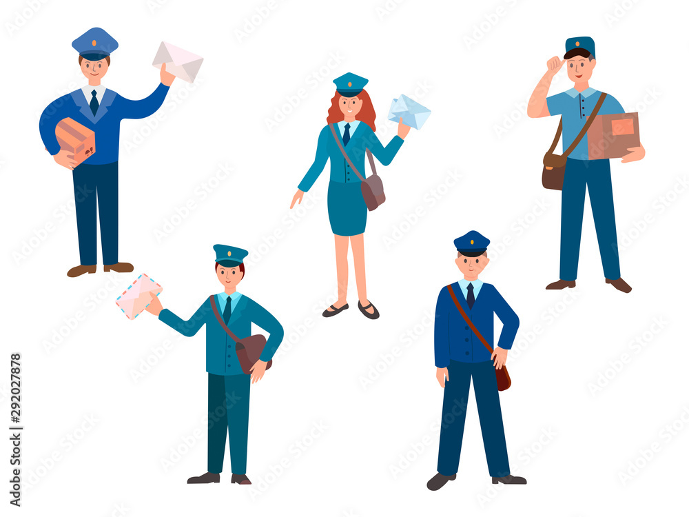 Post office workers, postmen and postwoman with envelopes and parcels in uniform.