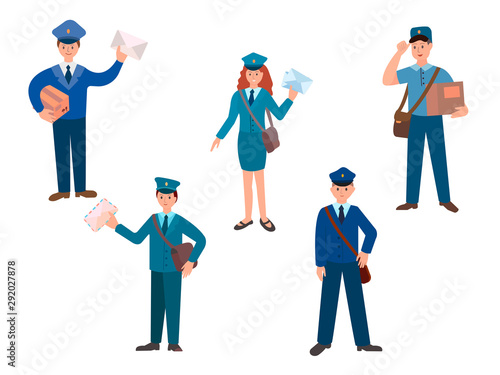 Post office workers, postmen and postwoman with envelopes and parcels in uniform.