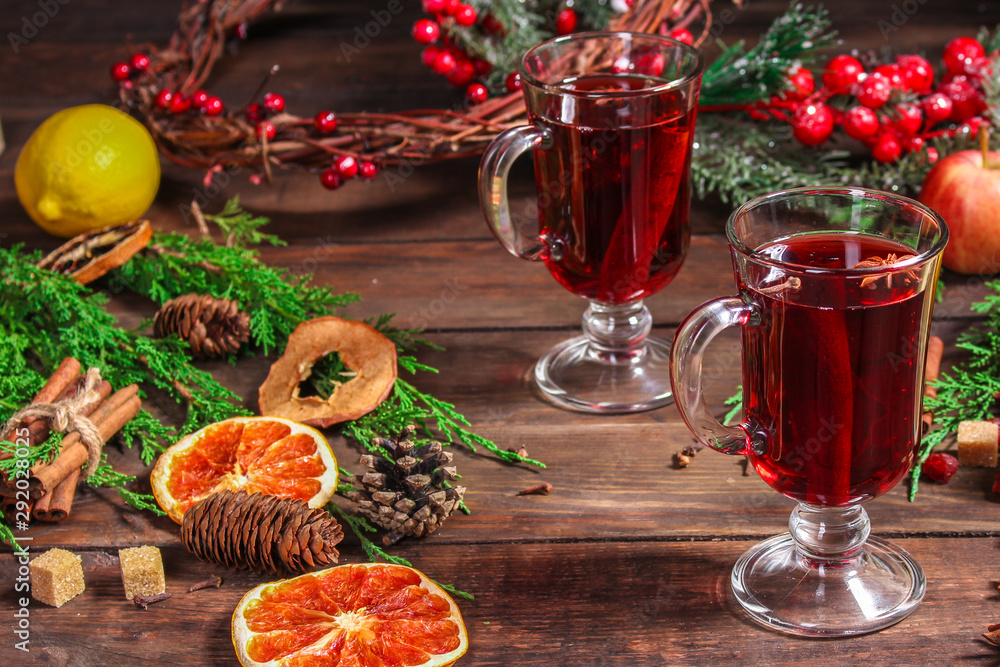 mulled wine with fruits, festive drink New Year and Christmas (grog, tasty wine-based drink) menu concept. food background. copy space. Top view