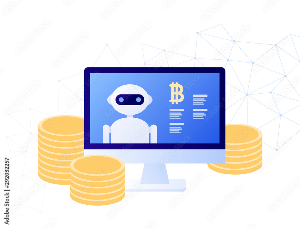 Vector flat crypto currency person business illustration. Robot on ...