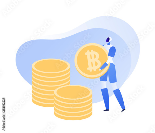 Vector flat crypto currency person business illustration. Robot holding bitcoin coin symbol isolated on white background. Design element for banner, poster, web, infographic. Concept of ai in traiding