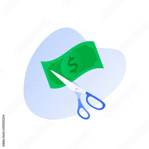 Vector flat business tax cut illustration. Scissors cutting dollar banknote symbol isolated on white. Concept of price reduce, sale, discount, refund. Design element for banner, poster, web