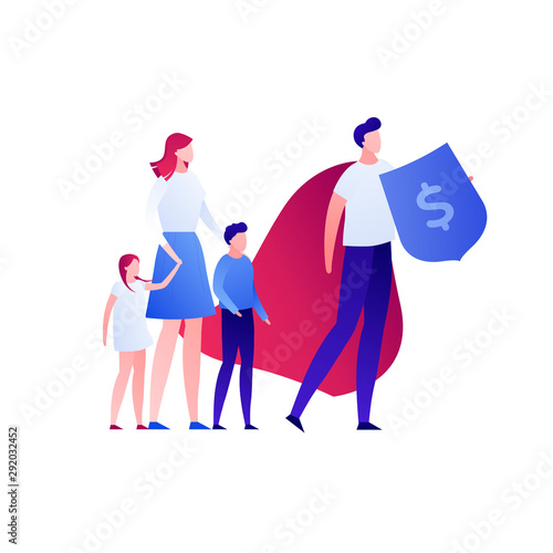 Vector flat business insurance person illustration. Family and super hero defender agent isolated on white. Concept of finance advisor, protection. Design element for banner, poster, infographic, web