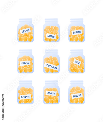 Vector flat family money saving person illustration. Set of moneyboy jar with coins and tags on white background. Design element for banner, poster, web, infographic. Concept of financial intelligence