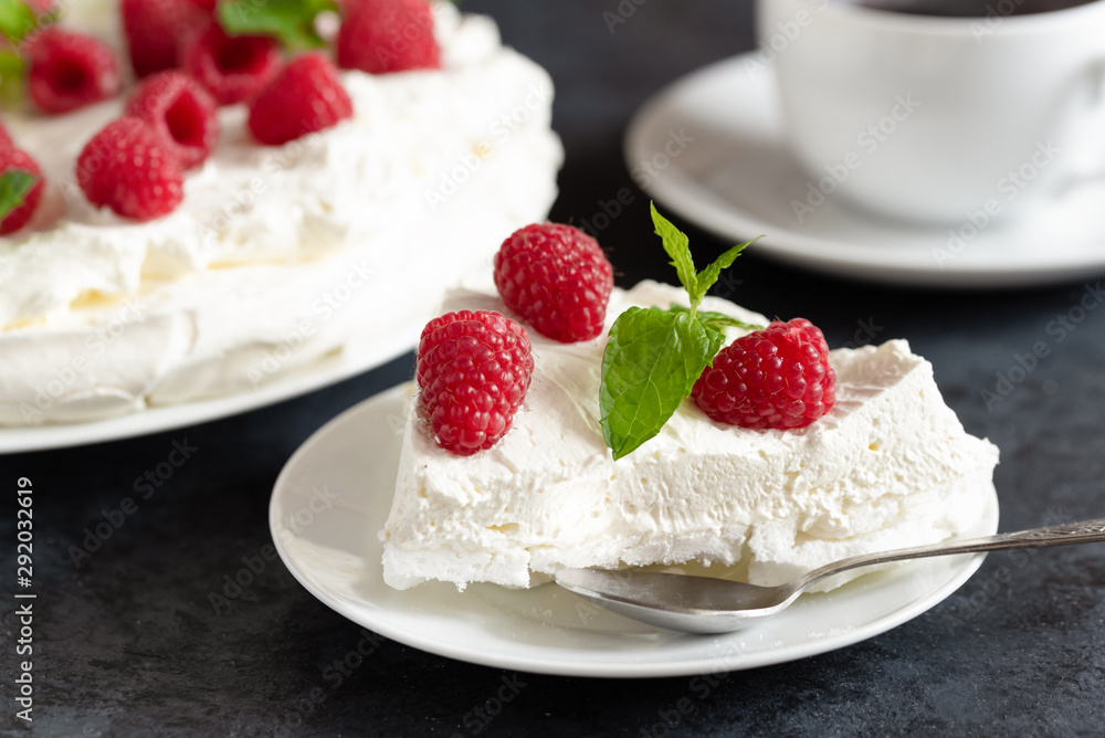 Meringue with whipped cream, raspberries.and mint Meringue with whipped cream, raspberries.and mint