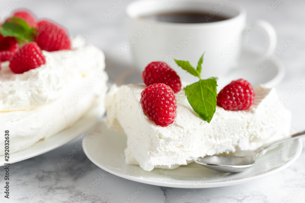 Meringue with whipped cream, raspberries.and mint Meringue with whipped cream, raspberries.and mint