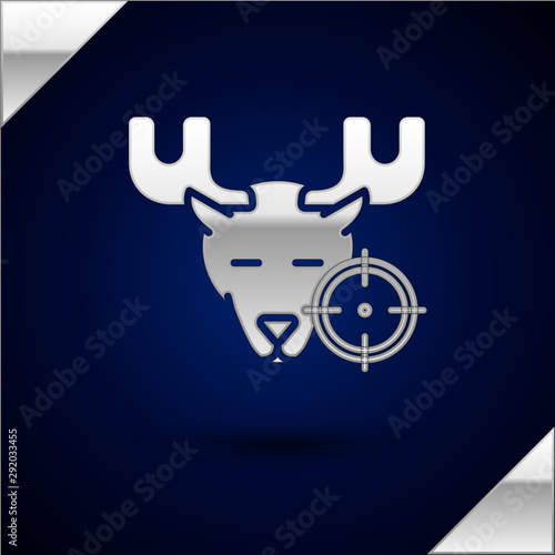 Silver Hunt on moose with crosshairs icon isolated on dark blue background. Hunting club logo with moose and target. Rifle lens aiming a moose. Vector Illustration