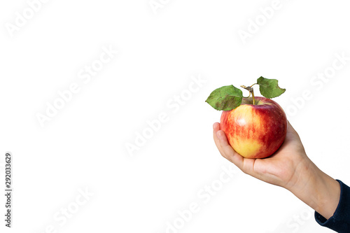 Little boy’s hand holding ripe organic red apple on white background. Natural vitamins and healthy food concept. Template healthy food blog social media. 