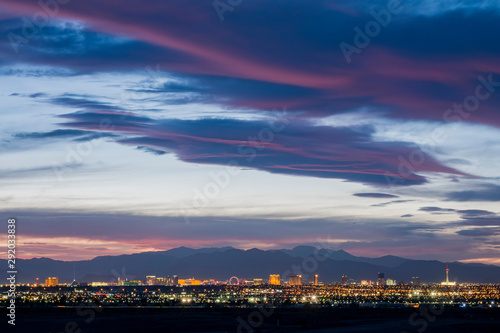 Aerial sunset high angle view of the downtown Las Vegas Strip