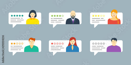 Feedback chat speech bubble with male and female avatar set. Review quality system five stars rating with good and bad testimonial rate collection. Vector rating appraisal illustration concept