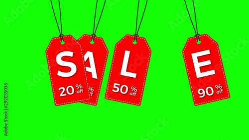 Isolated red hanging sales tags on green background, seamless loop.