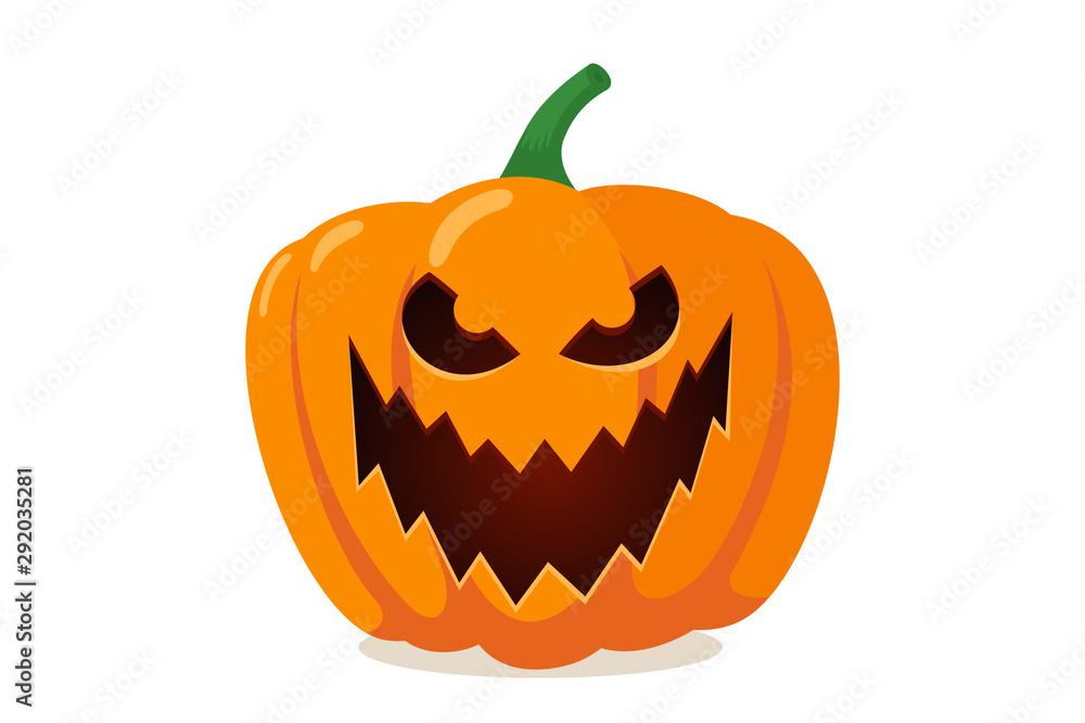 Scary spooky pumpkin jack-o-lantern with creepy toothy smile. Traditional horror decoration symbol of happy halloween holiday celebration. Flat vector illustration isolated on white background