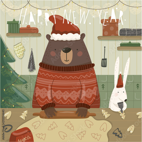 Merry Christmas and a happy new year! Vector illustration of cute animal teddy bear and hare preparing gingerbread cookies for the holiday in the kitchen. Drawing for card, background or poster.