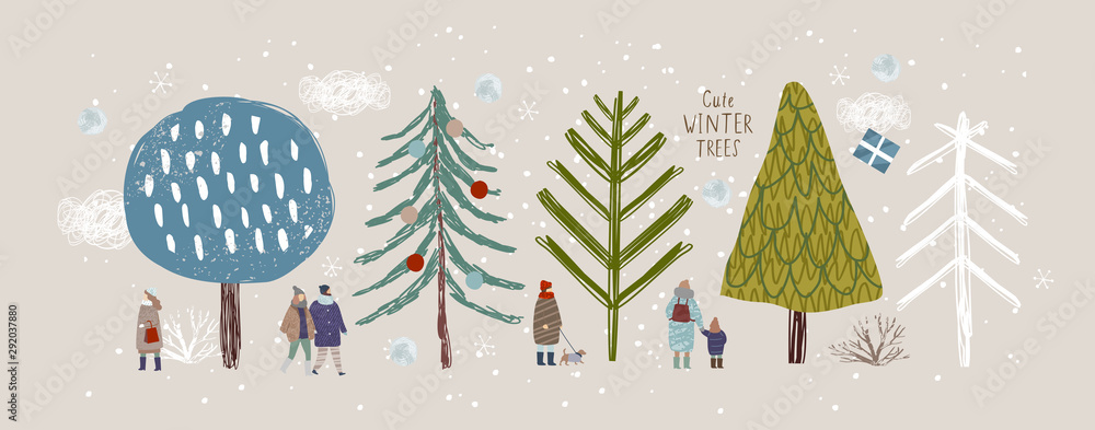 Naklejka śliczne zimowe drzewa, ilustracji wektorowych na białym tle drzew, liści, jodły, krzewów, śniegu, ludzi i chmur, obiektów noworocznych i świątecznych oraz elementów przyrody, aby stworzyć krajobraz