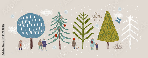 cute winter trees, vector isolated illustration of trees, leaves, fir trees, shrubs,  snow, people and clouds, New Year and Christmas objects and elements of nature to create a landscape
