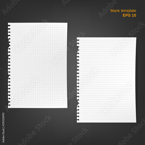 Vector torn block note papers with fold edges. 2 squared and lined blanks with shadows on grey background. Pages can be used as a mock up template and backgrounds for your own projects.