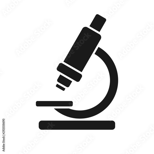 Black icon of microscope in flat style. Vector illustration is isolated on white background