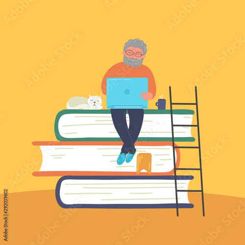 Elderly man sitting on stack of books using laptop. Senior education, lifelong learning, social media communication, online library concept. Vector illustration. photo