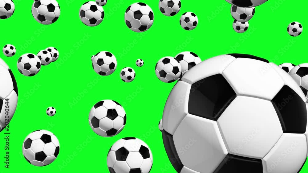 3d Animation of falling football soccer balls on green screen or chroma key background. Close up view. Sports concept. Fifa world cup symbol. 3d Animation of falling football soccer balls on green screen or chroma key background. Close up view. Sports concept. Fifa world cup symbol.