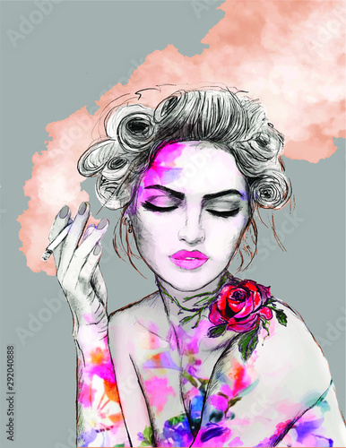 Breathtaking portrait of a beautiful smoking woman with hair curlers and wavy flowers illustrated all over her body, watercolor painting. Picture. Cigarette smoke and pensive woman on grey background.