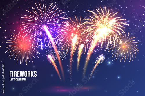 Festive fireworks. Realistic colorful firework on blue abstract background. Multicolored explosion. Christmas or New Year greeting card. Diwali festival of lights. Vector illustration.