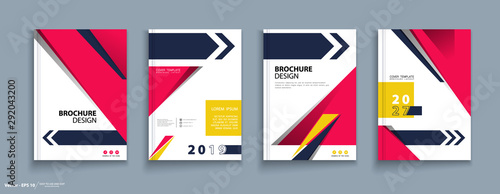 Brochure, cover design, heading. Abstract composition, infographic, flyer font. Modern vector of the first page of art. Blue, pink triangles and arrow design. Business card set. Quote figure sign, a4