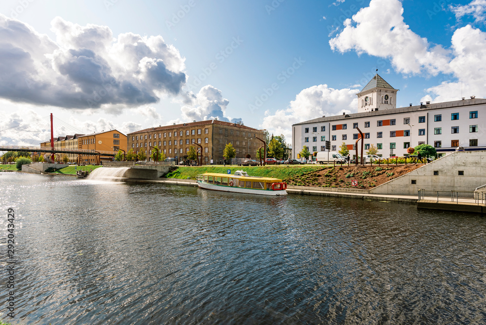 Panoramic view of riverside and central Promenade in Jelgava, Latvia. During sunny summer day.